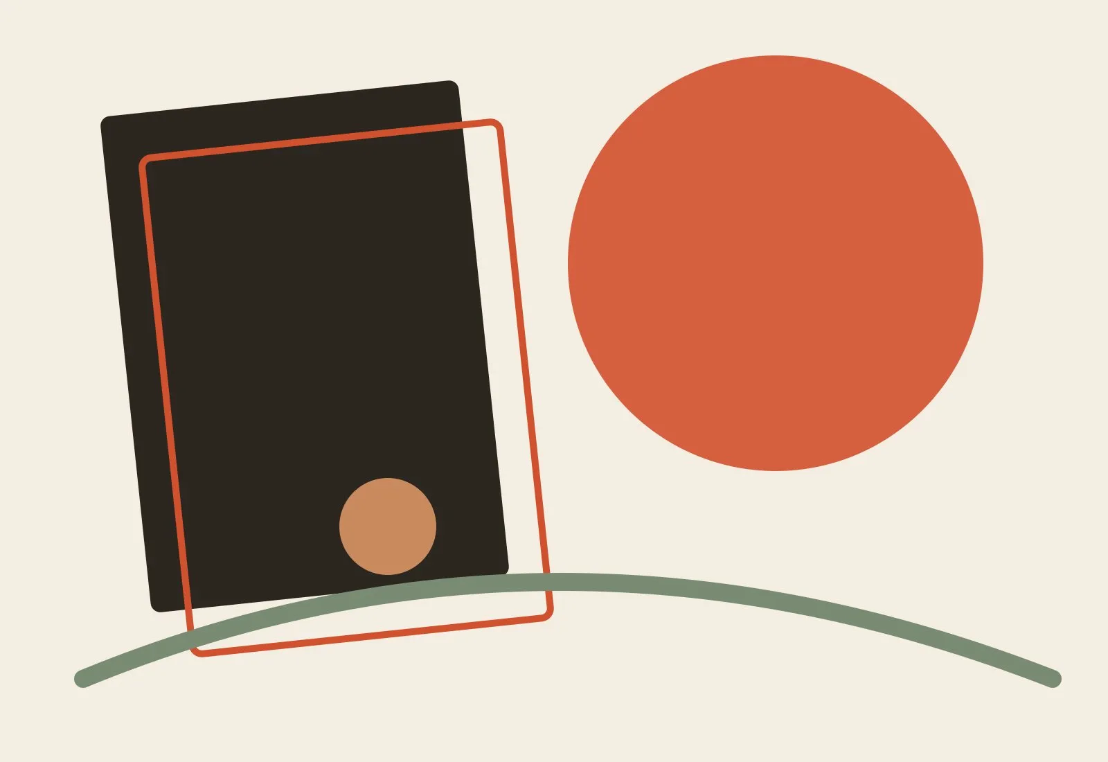An abstract risograph-style composition: a persimmon circle, a tilted dark frame, and a low green arc.
